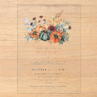 Melancholische Herbstliebe Florale Kürbis-Hochzeit Acryleinladungen