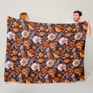 Melancholische Mohnblumen auf schwarzem Muster Fleecedecke