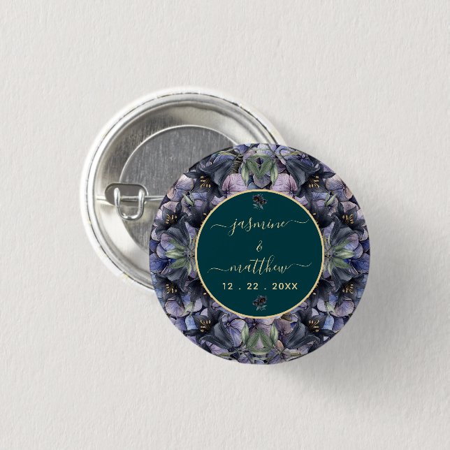Melancholische schwarze Blumen Hochzeitspaar-Namen Button (Vorne & Hinten)