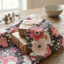 Melancholische schwarze und rosafarbene Blumendeko Seidenpapier