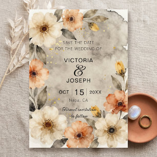 Melancholische Sepia-Boho-Watercolor-Blumen-Golden Save The Date