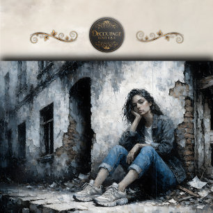 Melancholische Stadtfrau Blau Grau Decoupage Seidenpapier