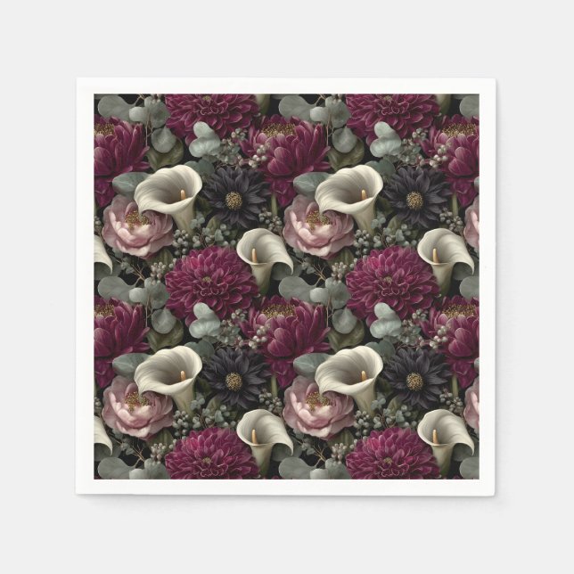 Melancholisches Blumenmuster mit Dahlien und Calla Serviette (Vorderseite)