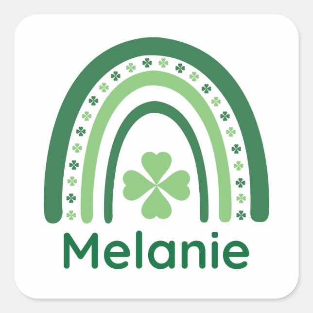 Melanie Name Clover Boho Rainbow Quadratischer Aufkleber (Vorderseite)