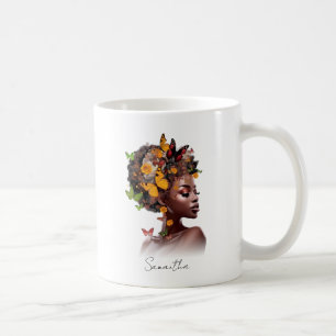 Melanin Magie: Afro Hair und farbenfrohe Schmetter Kaffeetasse