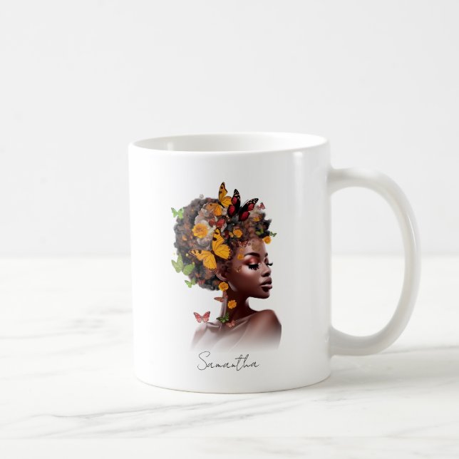Melanin Magie: Afro Hair und farbenfrohe Schmetter Kaffeetasse (Rechts)