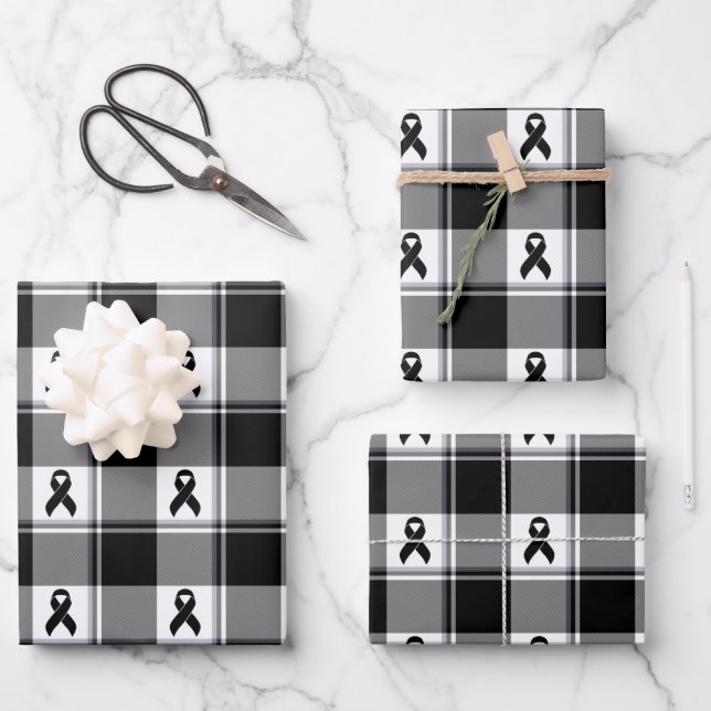 Melanoma Skin Cancer Awareness Plaid Black Ribbon Geschenkpapier Set (Vorderseite)