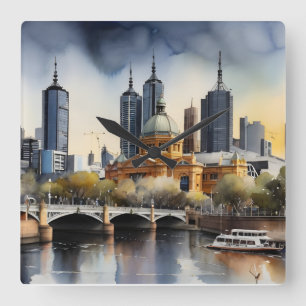 Melbourne-Aquarell-Kunst Quadratische Wanduhr