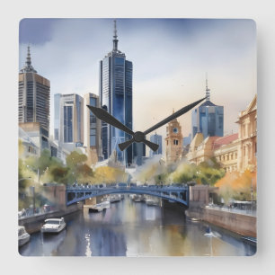 Melbourne Aquarellkunst Quadratische Wanduhr