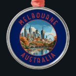 Melbourne Australia Retro Distressed Circle Ornament Aus Metall<br><div class="desc">Melbourne Retrovektor-Reiseschema. Melbourne ist die Hauptstadt des südöstlichen australischen Staat von Victoria. Im Zentrum der Stadt befindet sich der moderne Platz der Föderation mit Plätzen,  Bars und Restaurants am Yarra River.</div>