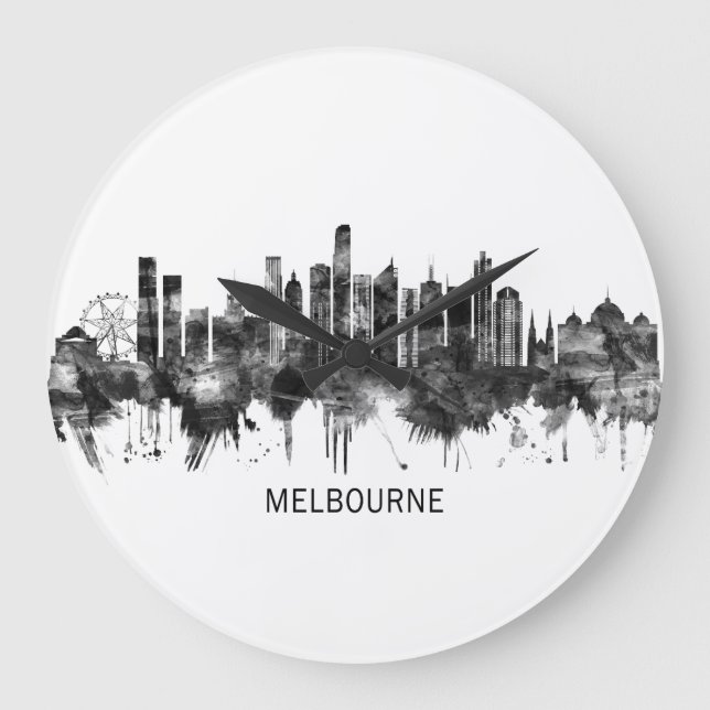 Melbourne Australia Skyline BW Große Wanduhr (Vorderseite)