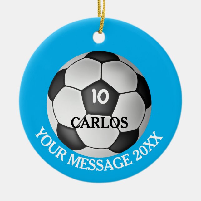 Meldung "Soccer-Ball" mit personalisiertem Namen Keramik Ornament (Vorne)