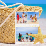 Mele Kalikimaka Beach Family Foto Collage Gold Folien Feiertagskarte<br><div class="desc">Chic individualisierbares Beach Family Foto Collage Gold Folie Weihnachtskarte mit Ihren Lieblings-tropischen Fotos in der Sonne. Fügen Sie 3 Ihrer Lieblings-Erinnerungen aus Ihrem Inselurlaub an die Küste vor und eine auf der Rückseite. Eine wunderschöne Küstenurlaubskarte mit einem sauberen,  modernen Fotolayout und hübschem blauen Schriftsatz.</div>
