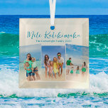 Mele Kalikimaka Beach Vacation 3 Foto Weihnachten Ornament Aus Glas<br><div class="desc">Chic individualisierbares Foto der Strandfamilie Collage Weihnachtsschmuck mit Ihrem Lieblings-tropisches Foto in der Sonne. Fügen Sie 3 vertikale Fotos Ihrer Lieblings-Reise von Ihrer Insel Urlaub an die Küste. Ein wunderschönes Schmuckstück an der Küste mit hübschem blauen Schriftzeichen über den drei Bildern.</div>