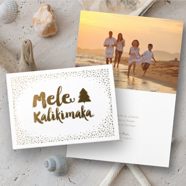 Mele Kalikimaka Confetti Chic Weihnachts-Foto Folienkarte (Mele Kalikimaka Christmas Greetings Holiday Foil Pressed Card @ www.zazzle.com/store/fat_fa_tin)