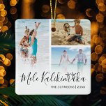 Mele Kalikimaka Foto Collage Keramikornament<br><div class="desc">Elegantes hawaiianisches Weihnachtsdekor mit einer 3-Foto-Collage Ihrer wunderbaren Familie,  dem Sprichwort "mele kalikimaka",  zwei Seesternzeichnungen,  Ihrem Familiennamen und dem Jahr.</div>