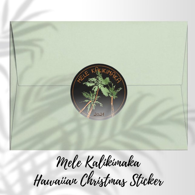 Mele Kalikimaka Hawaii Palm Trees Christmas Black Runder Aufkleber (Von Creator hochgeladen)