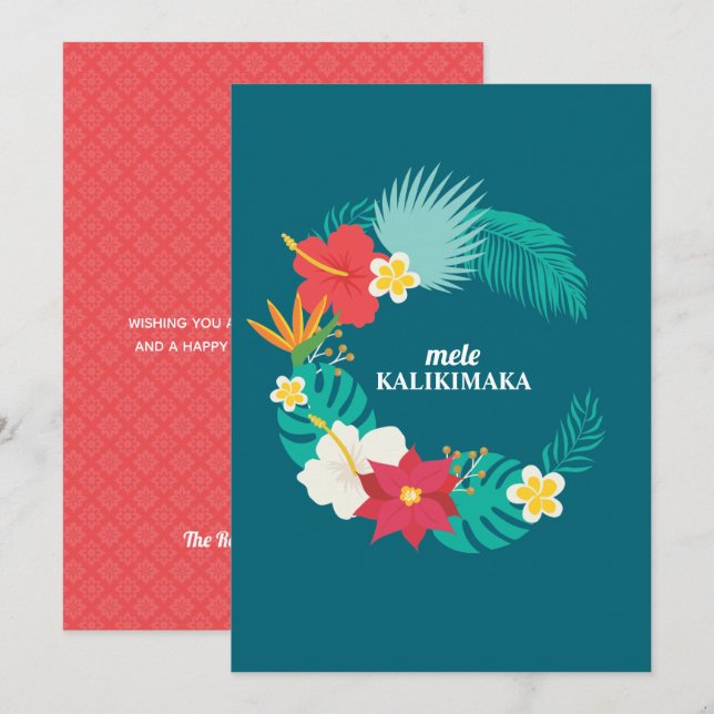 Mele Kalikimaka Hawaiian Floral Wreath Flat Card (Vorne/Hinten)
