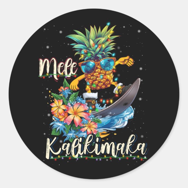Mele Kalikimaka Hawaiianische Ananas-Surfing Runder Aufkleber (Vorderseite)