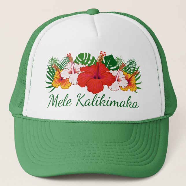 Mele Kalikimaka Hawaiianische Blume Blätter Holida Truckerkappe (Vorderseite)