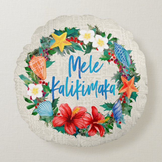 Mele Kalikimaka hawaiischer WeihnachtsKranz Rundes Kissen (Vorderseite)