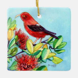 Mele Kalikimaka Iiwi Bird and Ohia Lehua Flower Keramikornament