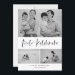 Mele Kalikimaka Modern Brush Script Collage Foto Feiertagskarte<br><div class="desc">Diese elegante und stilvolle Urlaubskarte wird dieses Jahr sicher auch noch Spaß machen! Mit einer fröhlichen Stimmung im Pinselskript mit einer farbigen Textur, die "Mele Kalikimaka" sagt, Personalisieren Sie den Text am unteren Ende und die Fotos mit Ihrem eigenen. Die schwarz-rot-klassisch gestrichenen Muster auf der Rückseite sorgen für etwas mehr...</div>