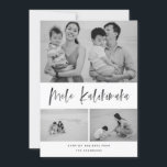 Mele Kalikimaka Modern Brush Script Collage Foto Feiertagskarte<br><div class="desc">Diese elegante und stilvolle Urlaubskarte wird dieses Jahr sicher auch noch Spaß machen! Mit einer fröhlichen Stimmung im Pinselskript mit einer farbigen Textur, die "Mele Kalikimaka" sagt, Personalisieren Sie den Text am unteren Ende und die Fotos mit Ihrem eigenen. Die schwarz-rot-klassisch gestrichenen Muster auf der Rückseite sorgen für etwas mehr...</div>