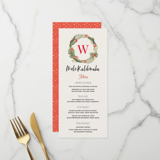 Mele Kalikimaka Monogram Christmas Holiday Dinner Menükarte (Vorderseite/Rückseite Beispiel)