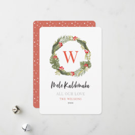 Mele Kalikimaka Monogram Tropical Wreath Feiertagskarte