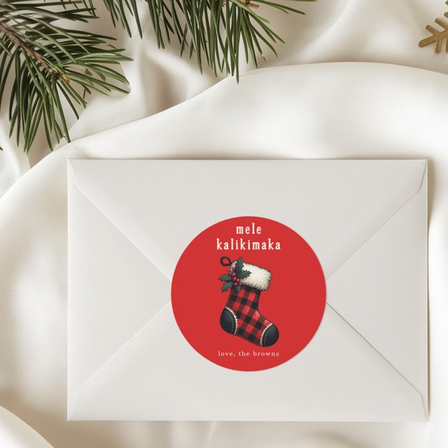 Mele Kalikimaka Red & Black Plaid Stocking Holiday Runder Aufkleber (Von Creator hochgeladen)