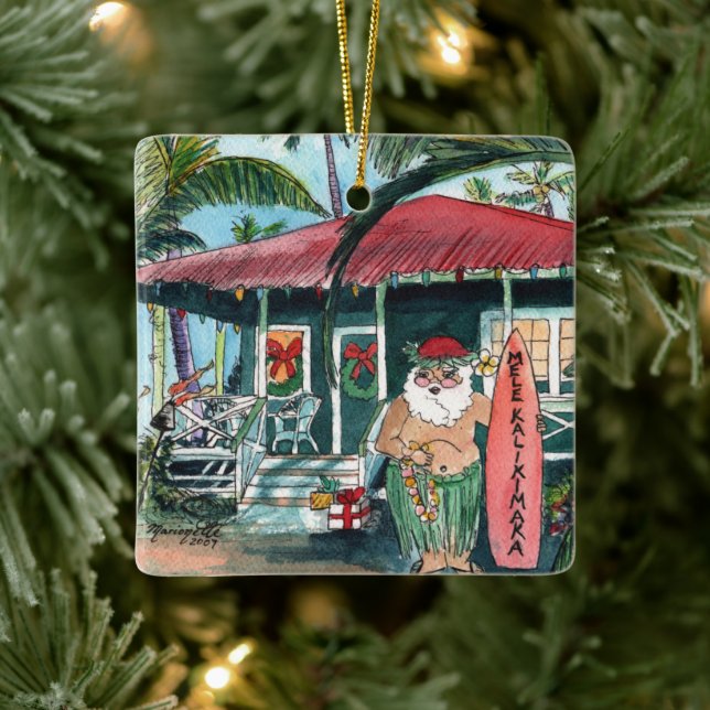 Mele Kalikimaka Santa Christmas Square Keramikornament (Baum)