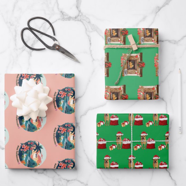 Mele Kalikimaka, Santa Dog und Weihnachts-Feuerpla Geschenkpapier Set (Vorderseite)