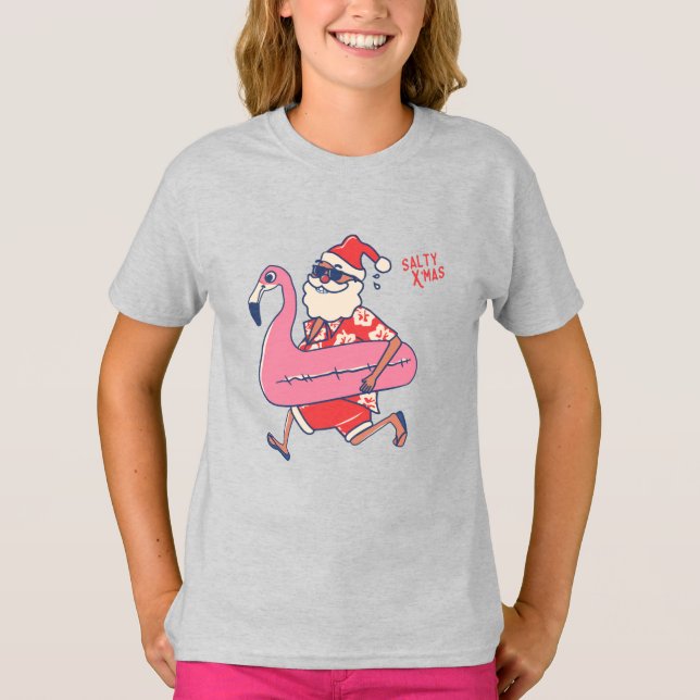 Mele Kalikimaka Santa Flamingo Christmas Getaways T-Shirt (Vorderseite)