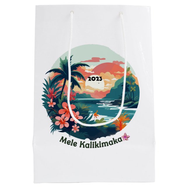 Mele Kalikimaka Tropical Island 2023 Label Mittlere Geschenktüte (Rückseite)