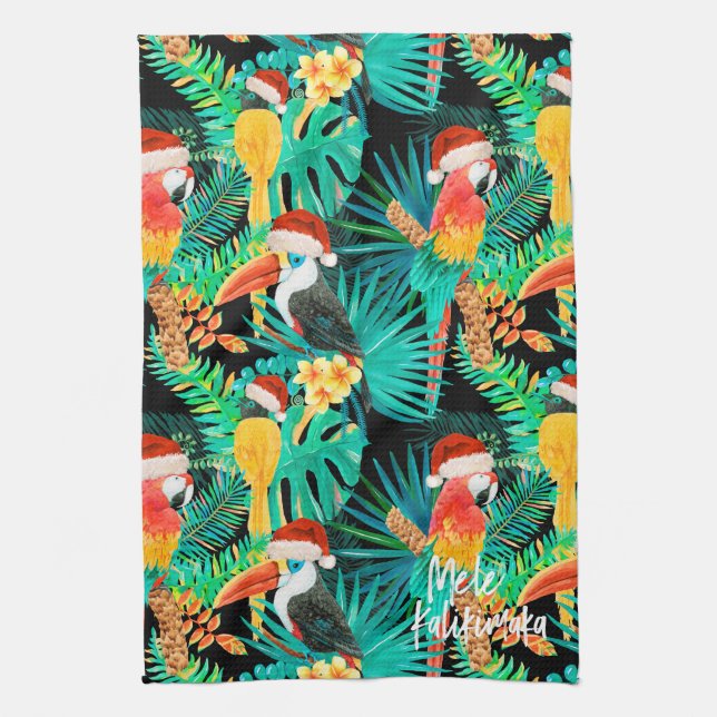 Mele Kalikimaka tropische Dschungel-Vögel Geschirrtuch (Vertikal)