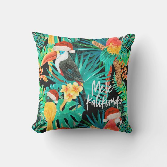 Mele Kalikimaka tropische Dschungel-Vögel Kissen (Vorderseite)