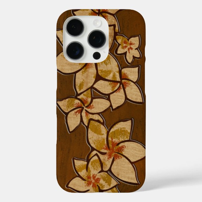 Melia Hawaiian Plumeria Imitats Wood Koa iPhone 16 Pro Hülle (Rückseite)