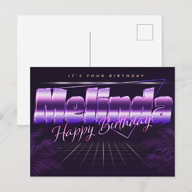 Melinda Name Vorname lila Postkarte Geburtstag (Vorne/Hinten)