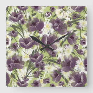 Mellow Garden Lila Poppies Clock Quadratische Wanduhr