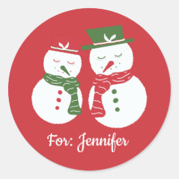 Mellow Snowmen - red Christmas custom for gift tag Runder Aufkleber