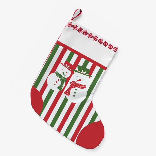 Mellow Snowmen - Xmas red white green stripes. Kleiner Weihnachtsstrumpf (Vorderansicht (hängend))