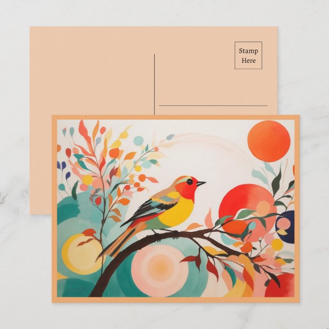Melodic Harmony, Abstrakter Songbird am Baumzweig Postkarte (Vorne/Hinten)