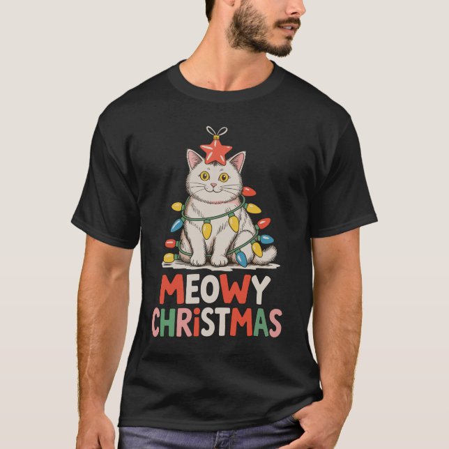 Melodien Weihnachten Funny Niedlich Cat Xmas Light T-Shirt (Vorderseite)