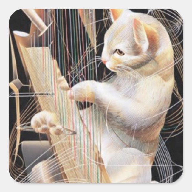 Melodische Katze – Surrealer Katzenaufkleber Quadratischer Aufkleber (Vorderseite)