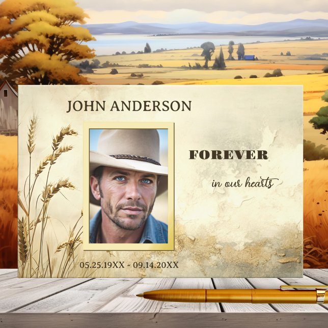 Memberservice Foto Gästebuch (Memorial guest book showing a custom photo framed by real gold foil on a country design with wheat.)