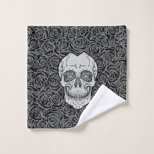 Memento Mori ! Crâne et Roses, main tirée (Gant de toilette)
