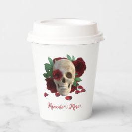 Memento Mori. Schädel mit rote Rosen Pappbecher