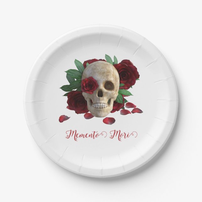 Memento Mori. Schädel mit rote Rosen Pappteller (Vorderseite)