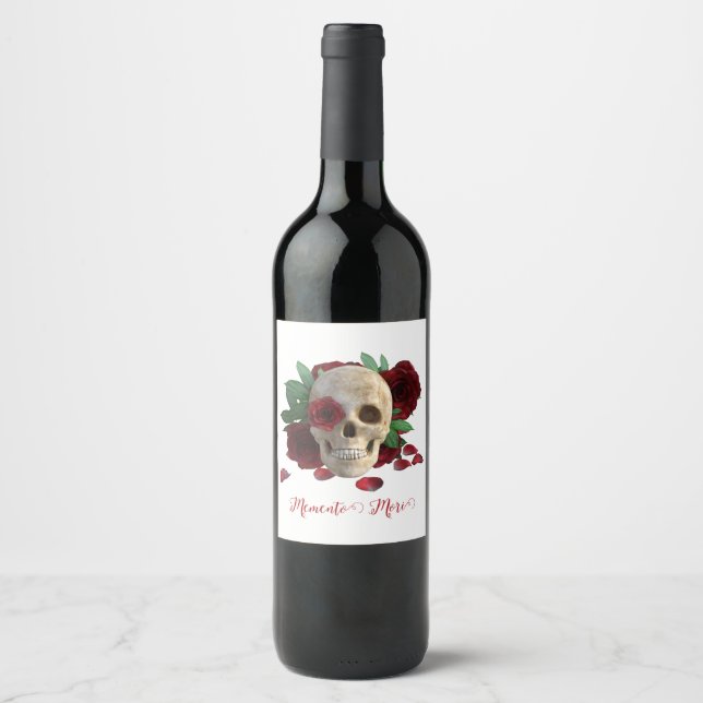 Memento Mori. Schädel mit rote Rosen Weinetikett (Vorderseite)